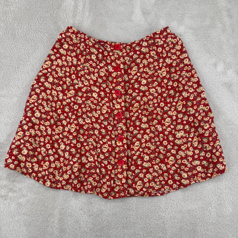 Vintage Y2K Express Floral Mini A-Line Skirt Womens 1/2 Red Button Front Rayon